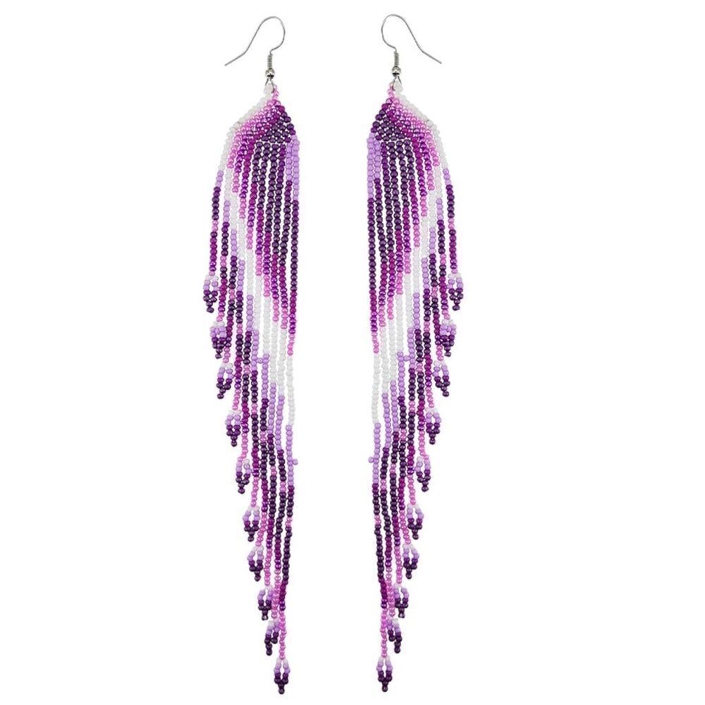 Southwestern Boho Seed Bead Tassel Dangling Statement French Wire Hook Earrings
